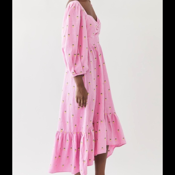 Farm Rio Pink Maxi Dress with Embroidered Pineapples. Puff Sleeves +Ruffle skirt - Picture 6 of 12